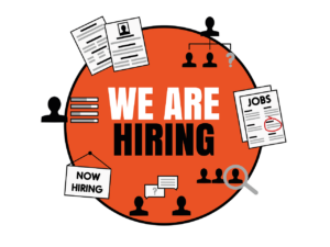 We are hiring in white and black letters in an orange circle. Silhouettes of people and hiring artifacts.