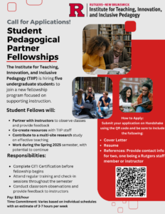 Rutgers flyer promoting Student Pedagogical Partner Fellowships for undergraduates to support inclusive teaching.