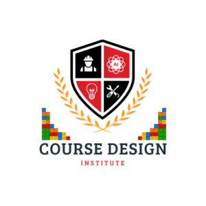 Course Design Institute logo featuring a shield divided into four sections with icons representing construction, AI, innovation, and tools. Surrounded by laurel branches and multicolored building blocks
