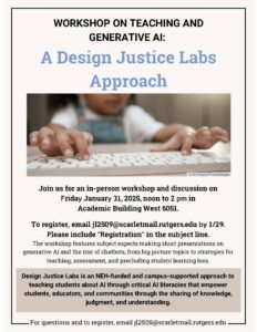 Flyer Advertising Design Justice Lab's event "WORKSHOP ON TEACHING AND GENERATIVE Al:"