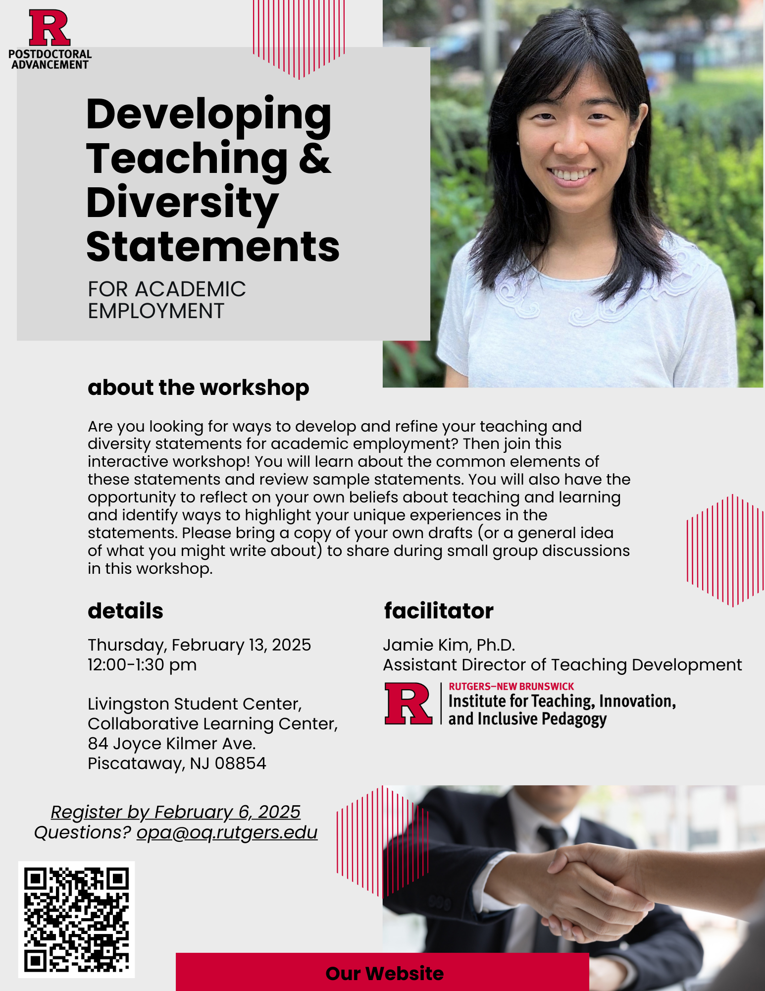 A flyer promoting a workshop on developing teaching and diversity statements for academic employment, taking place on February 13, 2025, at the Livingston Student Center