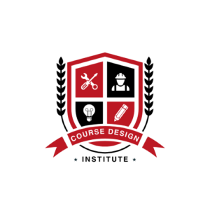 Shield logo for 'Course Design Institute' with tools, worker, lightbulb, and pencil icons