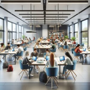 Students in an active learning classroom, generated by Microsoft Copilot