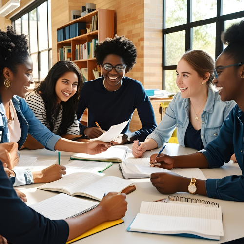 A group of students interacting at a table