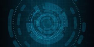 Abstract digital interface with a circular blue radar design and binary code elements on a dark background.