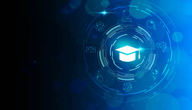 Glowing graduation cap icon surrounded by digital education and science symbols on a blue futuristic background.