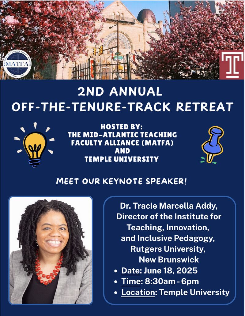 Promotional flyer for the 2nd Annual Off-the-Tenure-Track Retreat hosted by MATFA and Temple University, featuring keynote speaker Dr. Tracie Marcella Addy from Rutgers University.