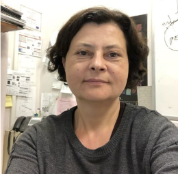 A woman with short dark hair and a grey sweater looks at the camera in an office setting.
