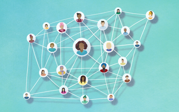 Illustrated network of diverse people connected by lines, symbolizing community or social networking.