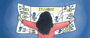 Graphic image shows a woman with long black hair holding a brochure that reads "Syllabus".