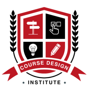 A crest with a banner that reads "Course Design Institute". The crest has clipart images on it: a sign post, a hand with the pointer finger selecting a box, a lightbulb, and a pencil.