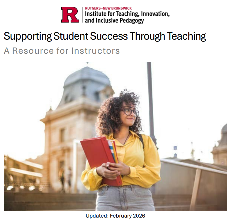 Screenshot of the front page of the resource "Supporting Student Success Through Teaching: A Resource for Instructors". There is a logo at the top for the Rutgers-New Brunswick Institute for Teaching, Innovation, and Inclusive Pedagogy. The image shows a female student holding a book and standing in front of a building.