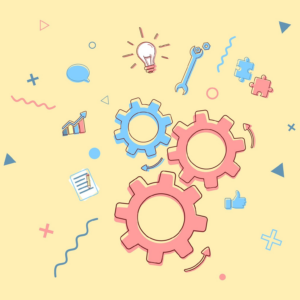 Graphically illustrated images of gears, lightbulbs,