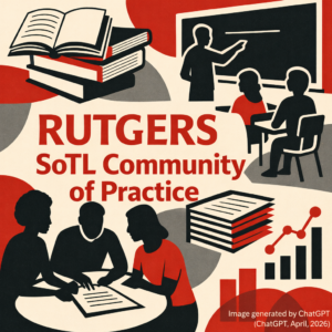 Stylized graphic promoting “RUTGERS SoTL Community of Practice.” The design uses red, black, and cream colors. At the top left, an open book sits on a stack of books; at the top right, a classroom scene shows a standing instructor pointing at a board while three seated students face forward. Centered large red text reads “RUTGERS,” with smaller text below reading “SoTL Community of Practice.” At the bottom left, three people sit around a table reviewing papers together. At the bottom right, a stack of documents and a chart with rising bars and a line graph suggest research or data analysis. A small caption in the lower right corner reads, “Image generated by ChatGPT (ChatGPT, April, 2026).”