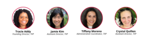 Four circular portraits showing members of the Leadership team, each labeled with their name, title, and Rutgers affiliation. From left to right: Tracie Addy, Founding Director of TIIP; Jamie Kim, Assistant Director of TIIP; Tiffany Moreno, Administrative Coordinator of TIIP; and Crystal Quillen, Assistant Director of TIIP.