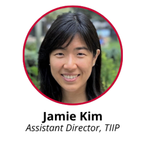 A circular frame with a red border, showing a headshot of Jamie Kim, Assistant Director of TIIP.