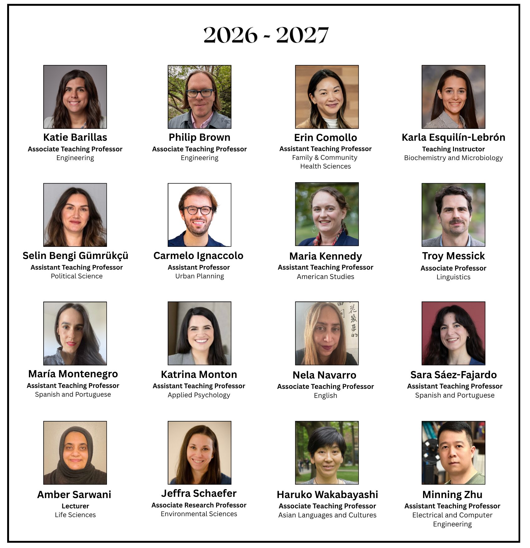 At the top of the image is the text "2026-2027". The layout features four horizontal rows, each containing four faculty headshots (16 total), with each person’s name displayed beneath their photo. Names of individuals: Katie Barillas, Philip Brown, Erin Comollo, Karla Esquilin-Lebron, Selin Bengi Gumrukcu, Carmelo Ignaccolo, Maria Kennedy, Troy Messick, Maria Montenegro, Katrina Monton, Nela Navarro, Sara Saez-Fajardo, Amber Sarwani, Jeffra Schaefer, Haruko Wakabayashi, Minning Zhu.