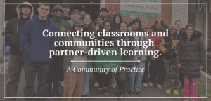 Group of people standing outdoors in front of a building during a community event. One person holds a green bin labeled REPLENISH, and a banner behind them reads celebrating 30 years and lets work together to end hunger. Overlaid text states connecting classrooms and communities through partner‑driven learning, with a subtitle indicating it is a community of practice.