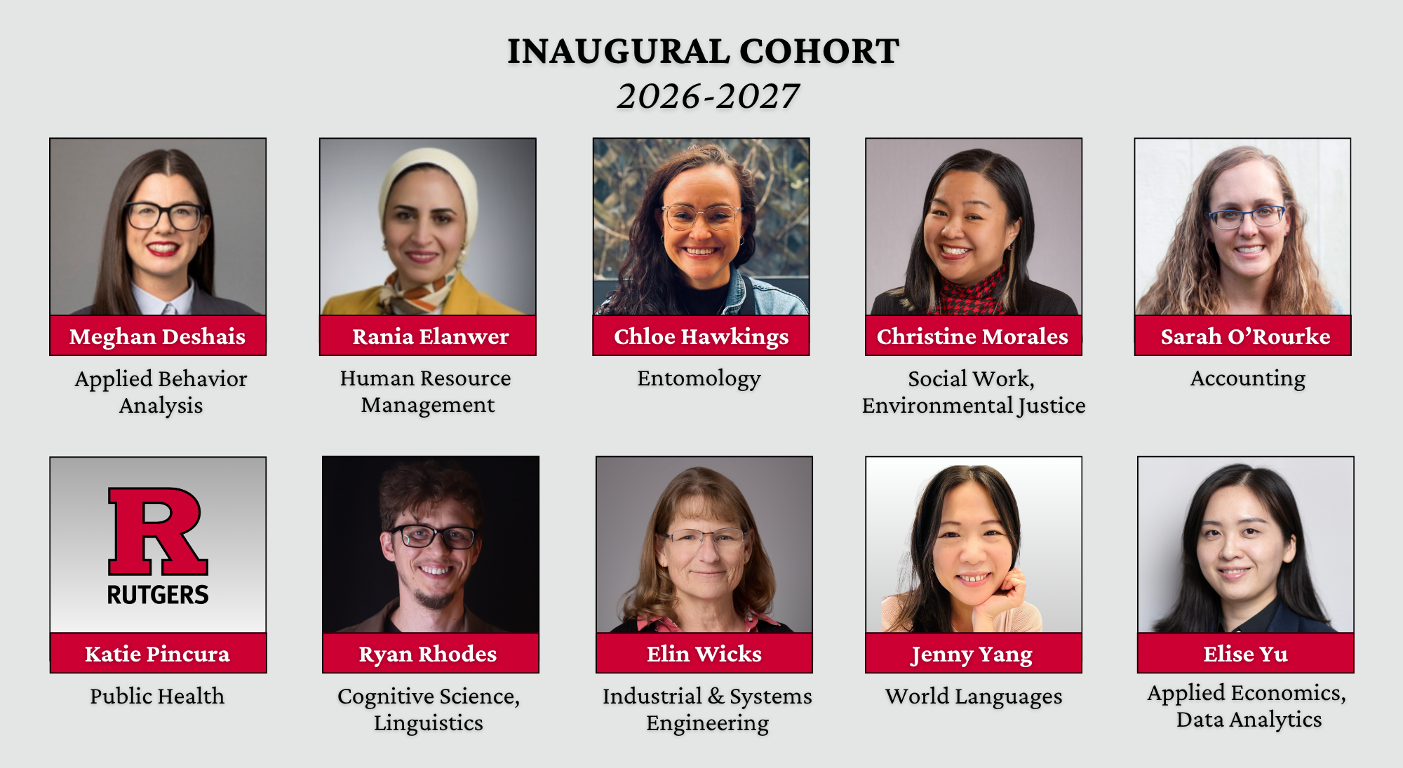 Photo montage containing headshots of ten faculty members. Image text reads: "Inaugural Cohort 2026-2027. Meghan Deshais, Applied Behavior Analysis. Rania Elanwer, Human Resource Management. Chloe Hawkings, Entomology. Christine Morales, Social Work, Environmental Justice. Sarah O'Rourke, Accounting. Katie Pincura, Public Health. Ryan Rhodes, Cognitive Science, Linguistics. Elin Wicks, Industrial & Systems Engineering. Jenny Yang, World Languages. Elise Yu, Applied Economics, Data Analytics."