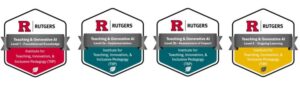 Graphic displaying four Rutgers digital achievement badges for a Teaching and Generative AI credential series offered by the Rutgers–New Brunswick Institute for Teaching, Innovation, and Inclusive Pedagogy (TIIP). The badges represent four levels: Level 1 – Foundational Knowledge, Level 1A – Implementation, Level 2 – Assessment of Impact, and Level 3 – Ongoing Learning. Each badge features the Rutgers logo and uses a different accent color to distinguish the credential level.