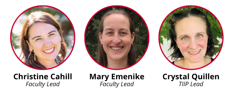 Three circular portraits showing members of the SoTL community leads team, each labeled with their name, title, and Rutgers affiliation. From left to right: Christine Cahill, Faculty Lead; Mary Emenike, Faculty Lead; and Crystal Quillen, Assistant Director of TIIP.