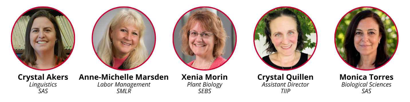 Five red circles in a row, each containing a professional headshot. Under the circles are names and titles of individuals: Crystal Akers, Linguistics, SAS; Anne-Michelle Marsden, Labor Management, SMLR; Xenia Morin, Plant Biology, SEBS, Crystal Quillen, Assistant Director, TIIP; and Monica Torres, Biological Sciences, SAS.