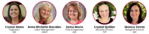 Five circular frames with a red border, showing headshots of Crystal Akers (Linguistics, SAS); Anne-Michelle Marsden (Labor Management, SMLR); Xenia Morin (Clinical Supervisor, GSE); Crystal Quillen (Assistant Director, TIIP); Monica Torres (Biological Sciences, SAS).